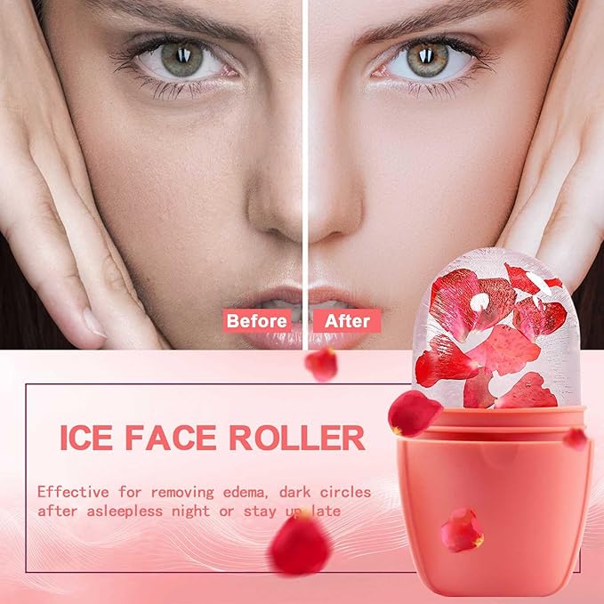 XHJRI Ice Face Roller Massager,Ice Cube Roller for Face, Eyes and Neck Naturally Conditioning and Skin Care,De-Puff Eye Bags,Reduce Migraine Pain,Reusable Massage Silicone Ice Mold (New Pink)-Velvo Beauty