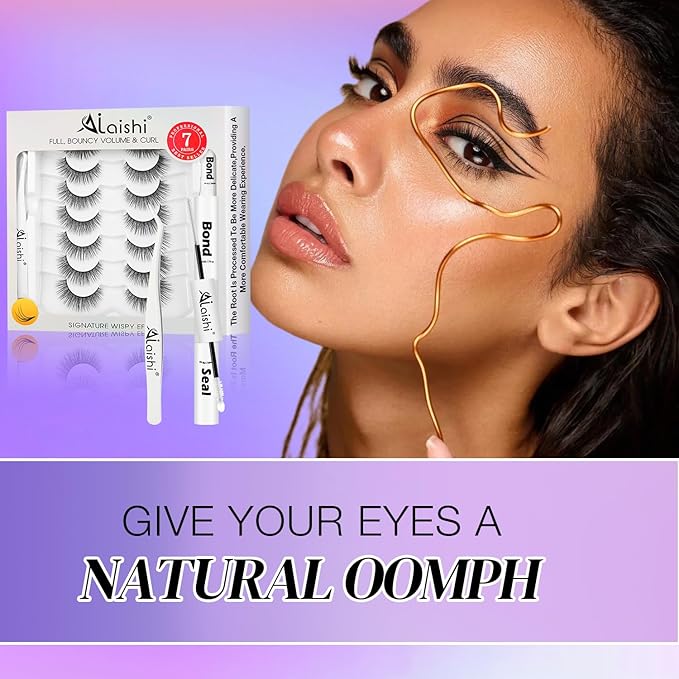Wispy False Eyelashes Kit With Bond, Seal and Tweezer, 7 Pairs Natural Look Fake Cat Eye Lashes Strips Thin Band Extensions Waterproof Easy Eyelashes for Beginners RQ46-Velvo Beauty