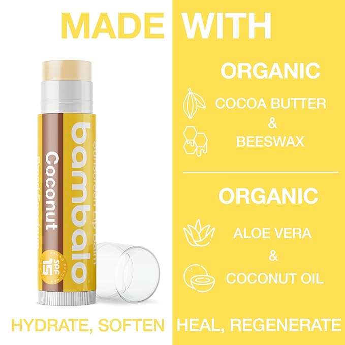 4-Pack Coconut SPF 15 Lip Balm - Organic Ingredients, Broad Spectrum UVA/UVB Protection - Hydrating & Moisturizing, USA Made-Velvo Beauty