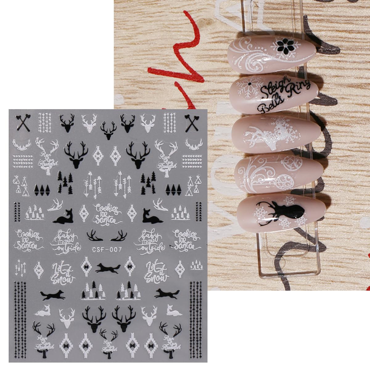 JMEOWIO 9 Sheets Christmas Glitter Nail Art Stickers Decals Self-Adhesive White Black Nail Supplies Nail Art Design Decoration Accessories-Velvo Beauty