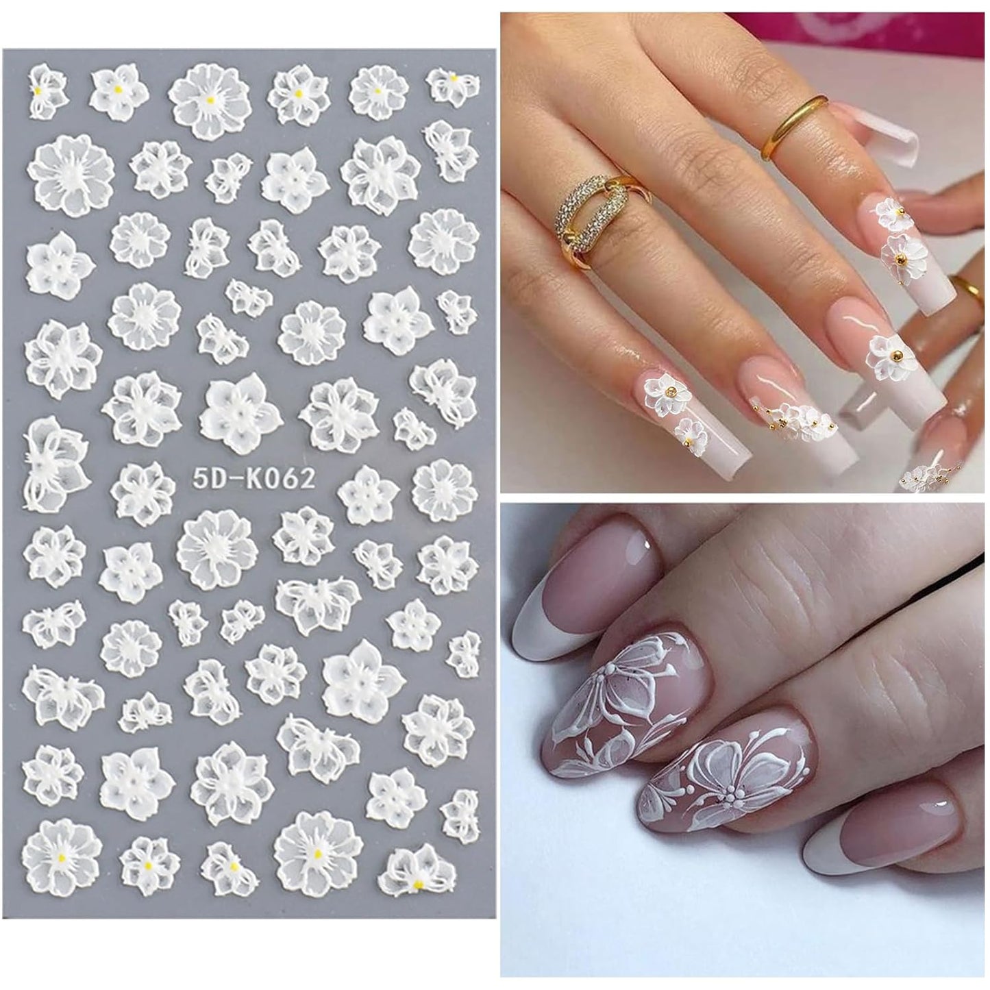 6 Sheets White Flower Nail Art Stickers Decals 5D Embossed Nail Decals Spring Winter Nails Art Self-Adhesive Supplies Accessories 3D Flower Stickers for Women Nails Design Decoration-Velvo Beauty