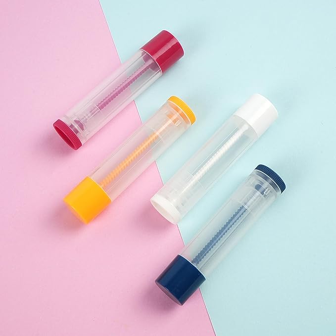 LotFancy Lip Balm Tubes, 60 Empty, 5.5ml, Clear Plastic Containers with 4 Color Caps, BPA Free, Leak Free, Refillable (Yellow White Blue Red)-Velvo Beauty