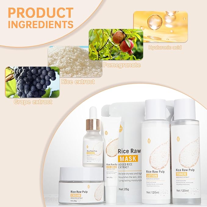 Rice Deep Nourishing Facial Care Set, 6Pcs Face Care Set for Women, Skin Care Set Includes Facial Cleanser, Toner, Lotion, Essence, Cream and Eye Cream.-Velvo Beauty
