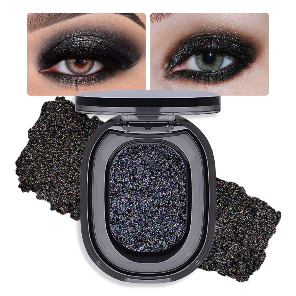 Black Glitter Eyeshadow Palette Makeup for Women, Glitter Shimmer Metallic Holographic Iridescent Single Monochrome Eyeshadow Halloween Birthday Party Wear Makeup, Sombras Crema Para Ojos-Velvo Beauty