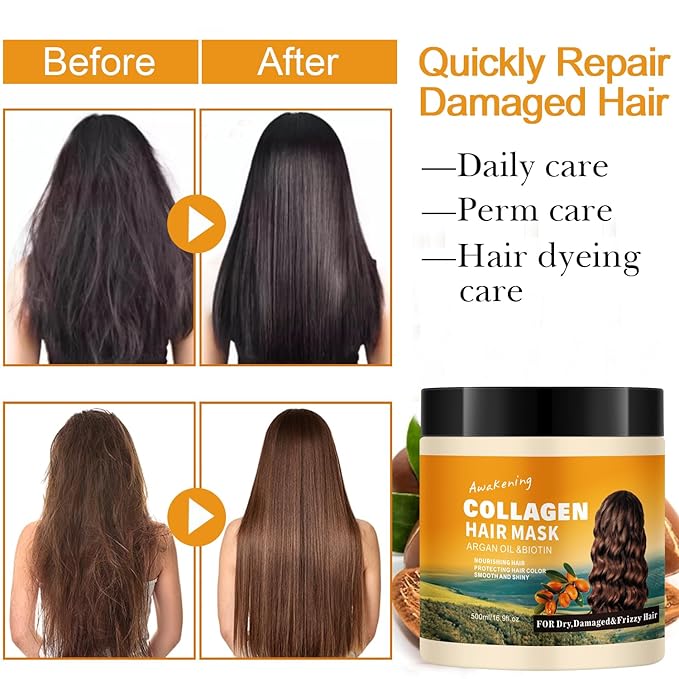 Hair Mask Deep Treatment Conditioner Collagen Protein Argan Oil Biotin Repair For Dry Damaged Frizzy Curly All Hair Types(16.9 Fl Oz/500ml) (collagen)-Velvo Beauty