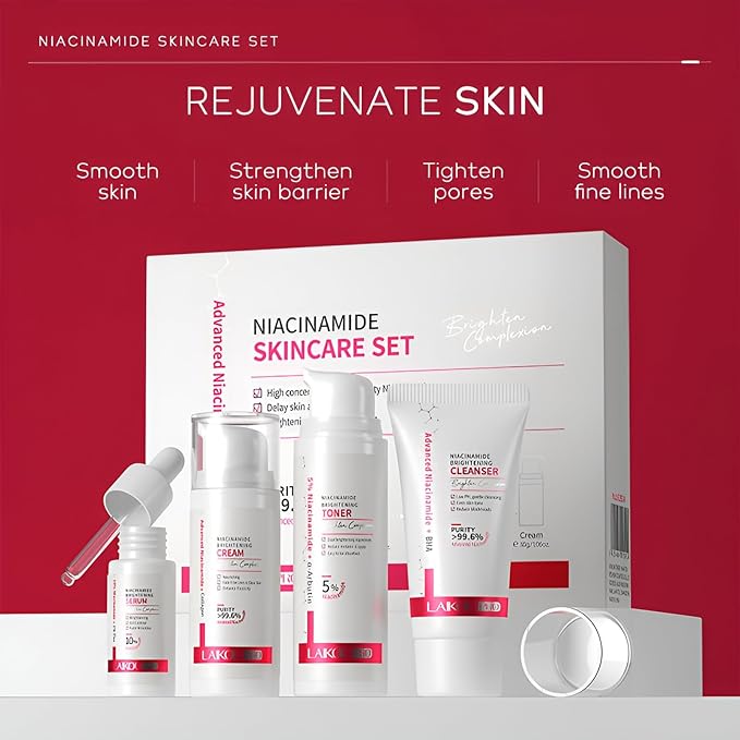 Niacinamide Skincare Set: 4pcs Beauty Kit with Cleanser, Toner, Serum, & Facial Cream - Hydrates & Evens Skin Tone - TSA-Friendly Travel Sizes, Perfect Gift for Women, Moms, & Teens-Velvo Beauty