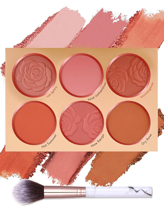 Matte Rose Face Blush Palette Kit with Brush-6 Color High Pigment Silky Mineral Blendable Blusher Contour Powder for Cheeks,Longlasting Eyeshadow Facial Beauty Cosmetic Makeup Gift for Women-Set 02-Velvo Beauty