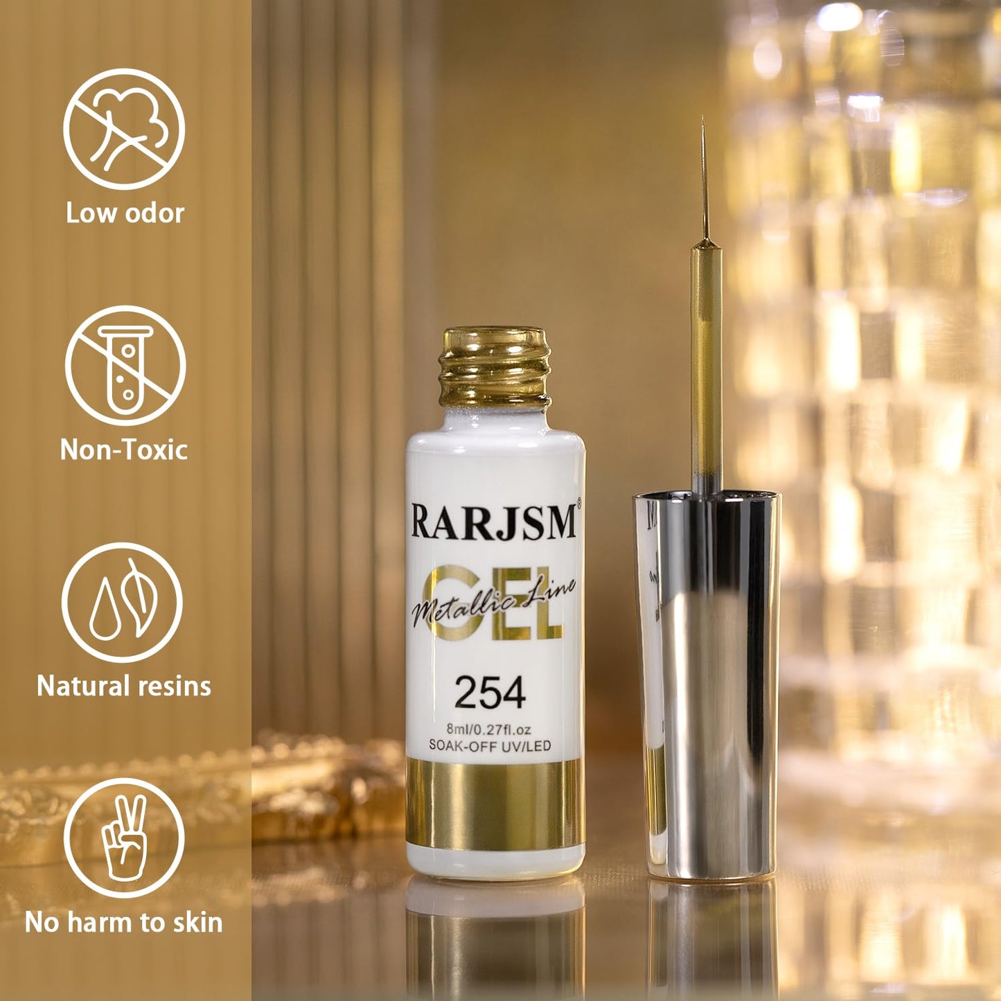 RARJSM Metallic Chrome Gel Liner Nail Art Champagne Gold 3D Mirror Effect Gel Nail Polish 8ml Build in Thin Brush Metal Painted Drawing Striper Painting GelPolish Soak off Curing Requires Home Salon-Velvo Beauty