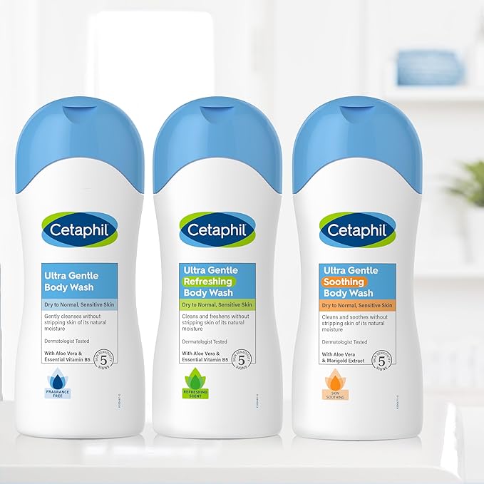 Cetaphil Ultra Gentle Refreshing Body Wash, For Dry To Normal, Sensitive Skin, Aloe Vera, Vitamin B5, Hypoallergenic, Dermatologist Tested, Fragrance Free, 16.9oz Pack of 3-Velvo Beauty