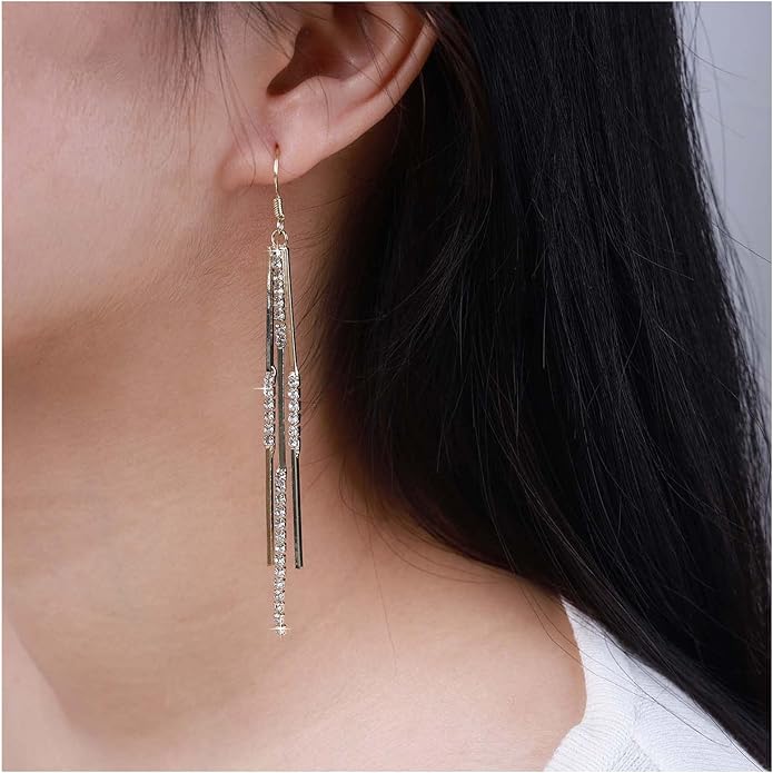 Vintage Crystal Tassel Earrings Rhinestone Bar Drop Earrings Long Rhinestone Chain Earrings Gold Cz Bar Hook Earrings Sparkle Tennis Chain Earrings Jewelry for Women-Velvo Beauty
