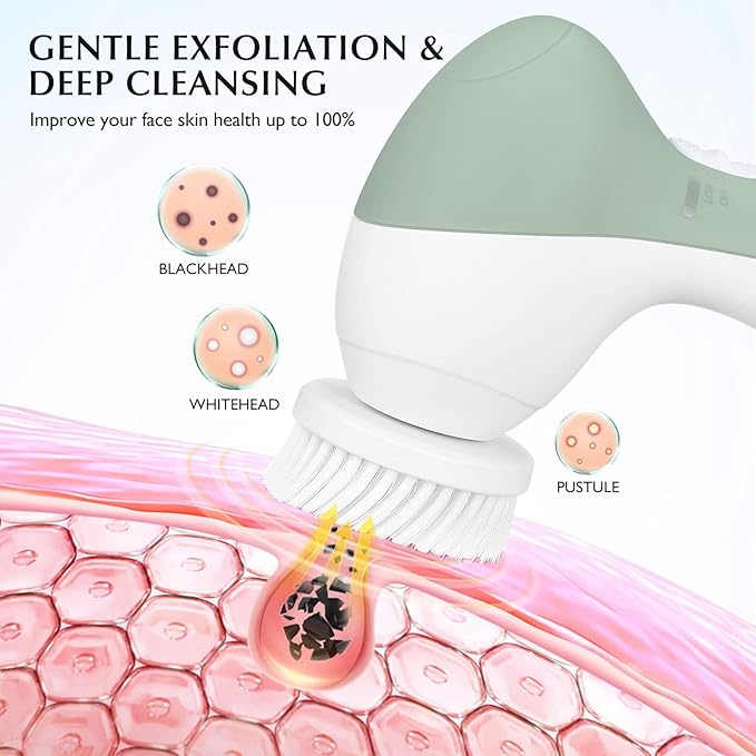 COSLUS Facial Cleansing Brush Silicone Face Scrubber: 7 in 1 FBS-D Electric Exfoliating Rotating Massage Device Waterproof Deep Cleaning Exfoliation Spa Machine - Electronic Skin Care Wash System-Velvo Beauty