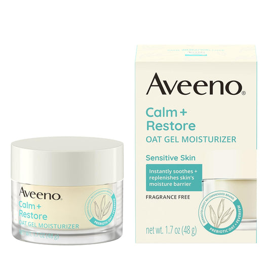 Aveeno Calm + Restore Oat Gel Facial Moisturizer for Sensitive Skin, Fast-Absorbing, Soothing Lightweight Gel Cream with Prebiotic Oat & Feverfew, Fragrance-Free & Hypoallergenic, 1.7 oz-Velvo Beauty