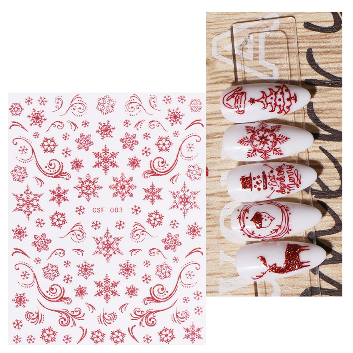 JMEOWIO 9 Sheets Christmas Glitter Nail Art Stickers Decals Self-Adhesive Red Nail Supplies Nail Art Design Decoration Accessories-Velvo Beauty