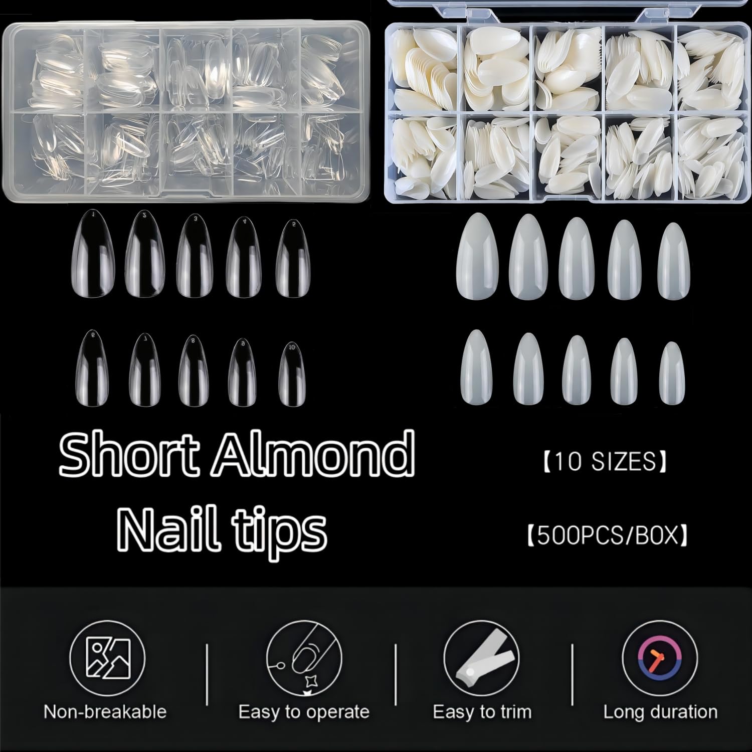 1000PCS Short Almond Nail Tips - Acrylic Nails Tips, ToouYoun 10 Sizes Soft Gel Full Cover Nail Tips with Box for Nail Art Salons and Home DIY-Velvo Beauty