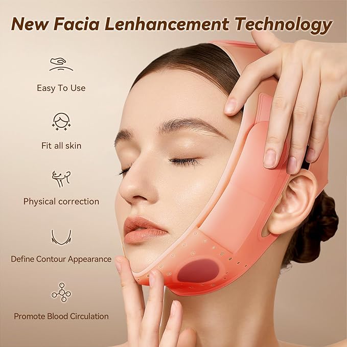 JUSRON V-Line Mask Chin Up Mask Face Strap, Soft Silicone Chin Strap V Shaped Face Mask, Jaw Exerciser 23-27 Inches (Fluorescent Pink)-Velvo Beauty