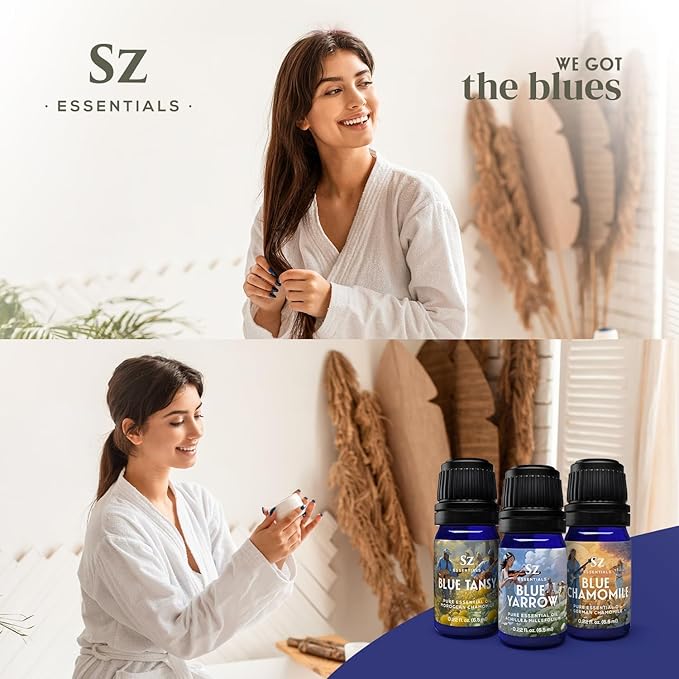 – “We Got The Blues” Essential Oils Set – Blue Tansy, Yarrow & German Chamomile – 3 x 6.5ml Bottles – 100% Pure, Natural, Undiluted – Therapeutic Grade & Vegan-Velvo Beauty