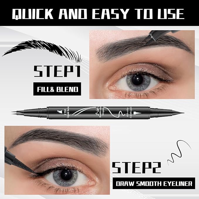 Curved 2 Tip Eyebrow Pen-Black Eyebrow Pencil With Black Eyeliner 2-in-1 Dual-Ended Create Natural Hair-Like Brows,Waterproof,Smudge Proof,Long Lasting All-Day-Velvo Beauty