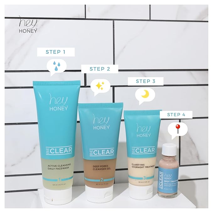 Hey Honey Skincare Be Clear Acne Routine | Daily Active Cleansing Face Wash | Youth & Young Adults, Blemishes Prone | Propolis & Gentle Exfoliating Acids | Fast & Long Lasting Oil Control | 5 fl oz-Velvo Beauty