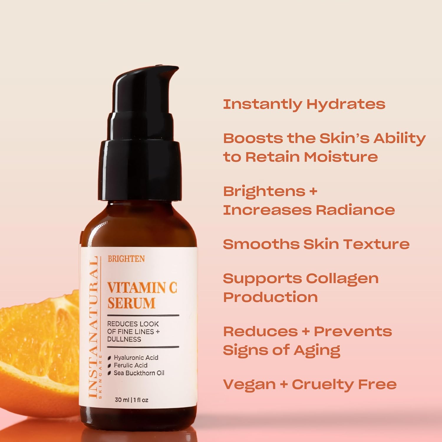 InstaNatural Vitamin C Face Serum, Brightens, Hydrates and Reduces Signs of Aging, with Vitamin C, Hyaluronic and Ferulic Acid, 1 FL Oz-Velvo Beauty