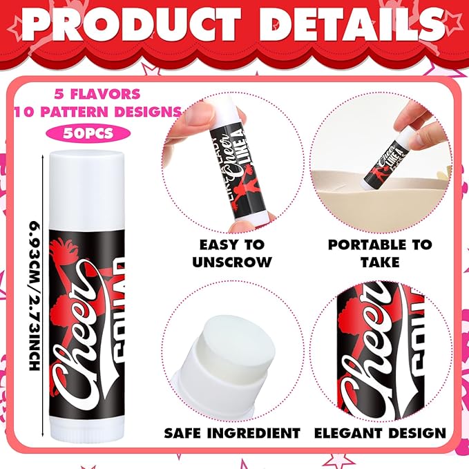 50 Sets Cheer Gifts Bulk 50 Cheer Lip Balm Bulk Moisturizing with 50 Organza Drawstring Gift Bags 50 Tags Cheerleader Gifts Cheer Gifts Bulk for Team (Red)-Velvo Beauty