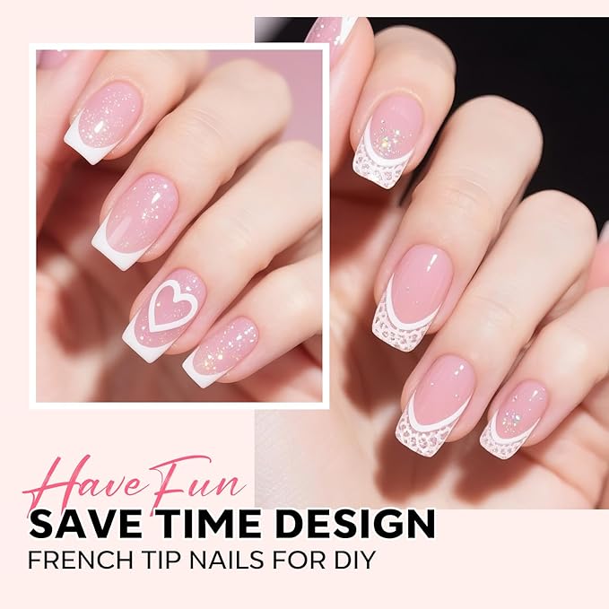 modelones French Tip Press on Nails, Short Square Fake Nails with Nail Box, Pink & White Gel Nail Tips for Women, Soft Glue-On Nails for Natural Salon Look, DIY Nail Art Kit-Velvo Beauty