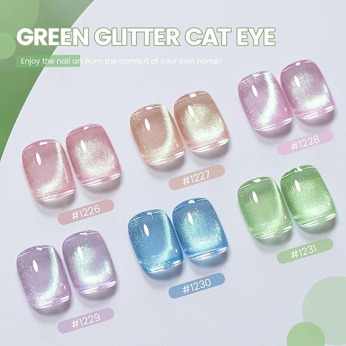 RARJSM Green Cat Eye Gel Nail Polish Set 6pcs Reflective Sparkly Diamond Glitter Nude Pink Blue Purple Clear Glass Cateye Gelpolish with Magnet Stick 7.5ml Curing Requires Soak Off for Home Salon-Velvo Beauty