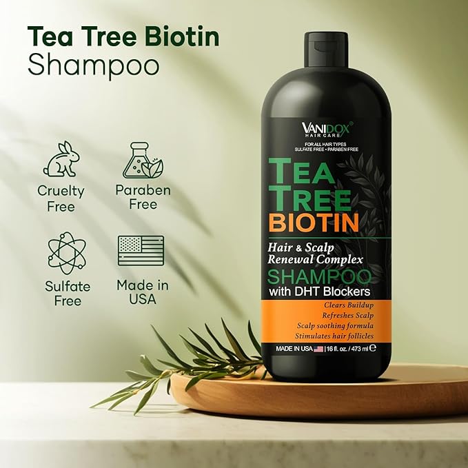 Tea Tree Oil Shampoo with Biotin, DHT Blockers, Itchy Scalp Relief, Supports Thicker-Looking Hair, Cleanses Dandruff & Buildup, For Men & Women, Made in USA, 16 fl oz-Velvo Beauty