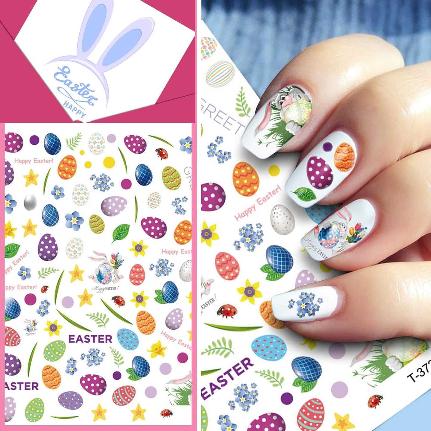 Kalolary 8 Sheet Easter Nail Art Stickers Self Adhesive Easter Nail Stickers DIY Nail Decals Bunny Eggs Chick Rabbits Flower Nail Design Sticker Nail Decoration for Women Girls Kids-Velvo Beauty