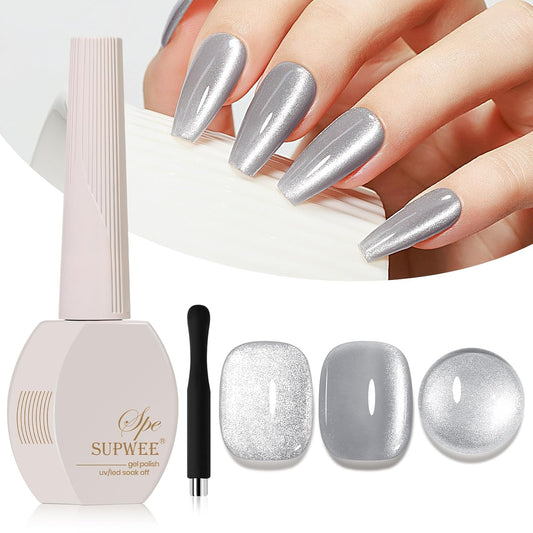 Silver Cat Eye Gel Polish, Magnetic Holographic Gel Nail Polish Glitter Shimmer Gel Polish with Magnet Soak Off U V Gel Salon DIY at Home, 0.5 OZ-Velvo Beauty