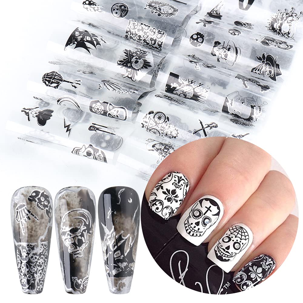 Black Skull Design Nail Foils Halloween Nail Transfer Foil Gothic Skull Nail Art Stickers Decals with Horror Pirate Skeleton Vampire Bone Butterfly Slider Wrap Design Nail Art Decoration Supplies-Velvo Beauty