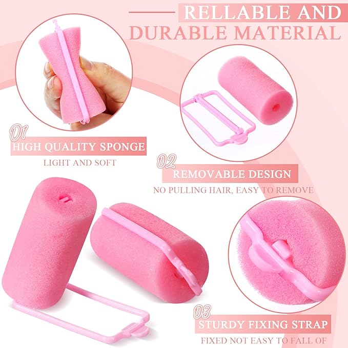 Geyoga 18 Pieces Sponge Hair Rollers Large Soft Foam Hair Styling Curlers Large Size Hairdressing Curlers for Women(1.4 x 2.6 Inches,Pink)-Velvo Beauty