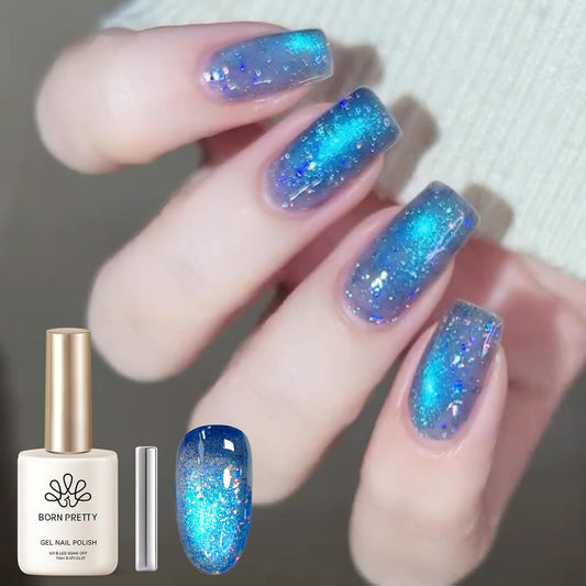 BORN PRETTY Blue Cat Magnetic Eye Gel Nail Polish Shimmer Glitter Holographic Aurora Blue Magnetic Gel Polish Nail Art Manicure DIY at Home 15ML-Velvo Beauty