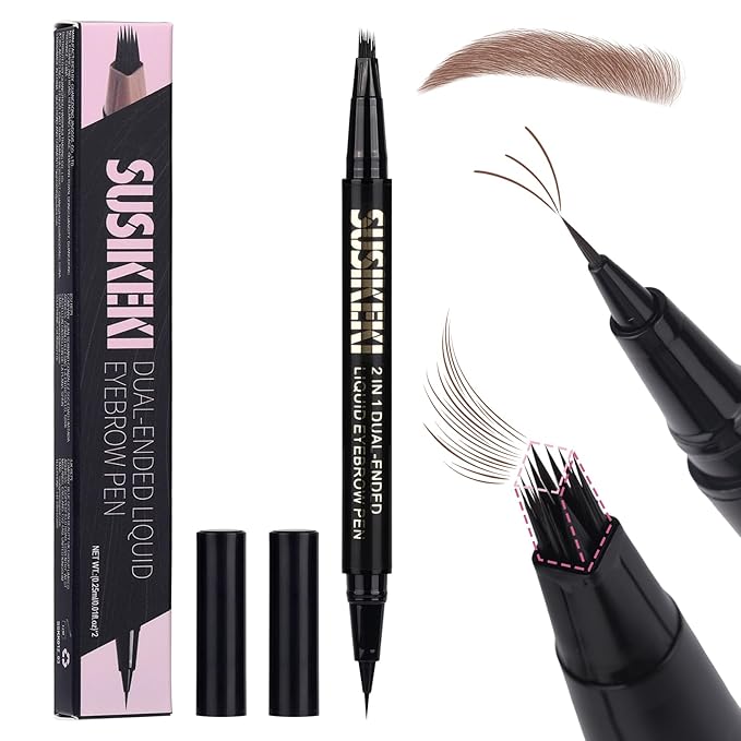 Dual Ended Microblading Eyebrow Pen - 2 in 1 Liquid Eyebrow Pencil with Brow-Fection Angled Brush & Precise Detail Brush-Tip, Shapes & Fills Hair-Like Looking Brows, Lasts All-Day, Brown-Velvo Beauty