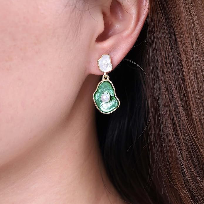 Vintage Lotus leaf Pearl Drop Earrings Green Lotus Leaf Earrings Green Enamel Flower Earrings Gold Irregular Pearl Earrings Jewelry for Women-Velvo Beauty