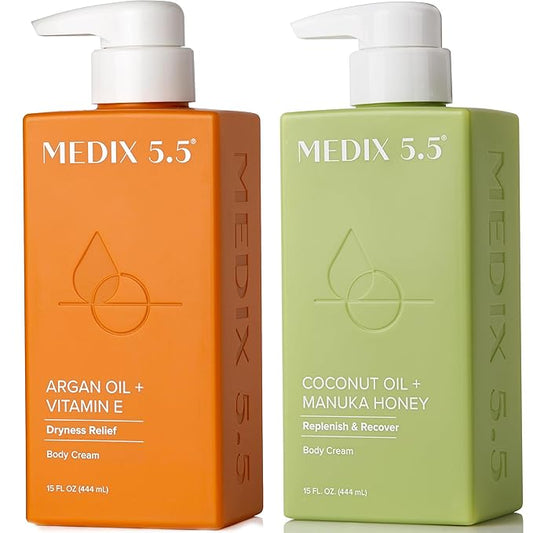 Medix 5.5 Argan Oil + Coconut Oil Skin Care Set Moisturizer Cream Body & Face Lotion | Firming Body Lotion Set Reduces Look Of Wrinkles, Cellulite, Dry Skin, & Uneven Skin Tone For Women, 2PC Bundle-Velvo Beauty