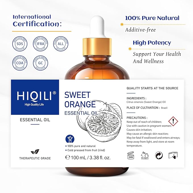 HIQILI 100ML Orange Essential Oil for Air Freshener, DIY Soap, Skin Care, Can be Added to Diffusers, Dryer Balls, Lotions for Use - 3.38 Fl Oz-Velvo Beauty