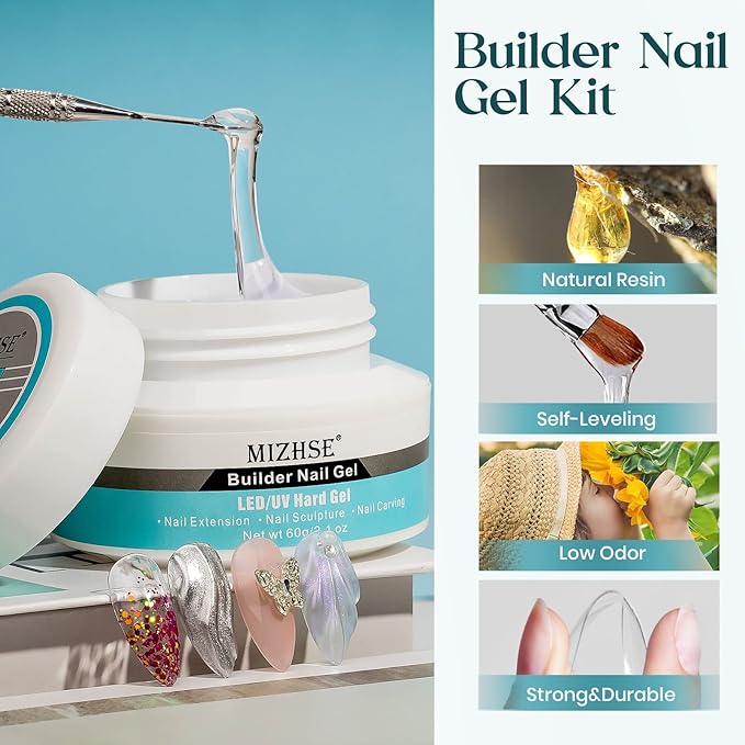 MIZHSE Builder Gel For Nails - 60g Clear Hard Gels Builder Nail Gels For Extension Gel Nails Strengthen Nail Art Manicure Kit With 100pcs Dual Forms And Brush-Velvo Beauty