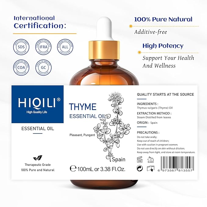 HIQILI 3.38 Fl Oz Thyme Essential Oil, 100% Pure Undiluted for Hair, Skin, Diffuser, Aromatherapy, Includes 10ML Travel Bottle - 100ML-Velvo Beauty