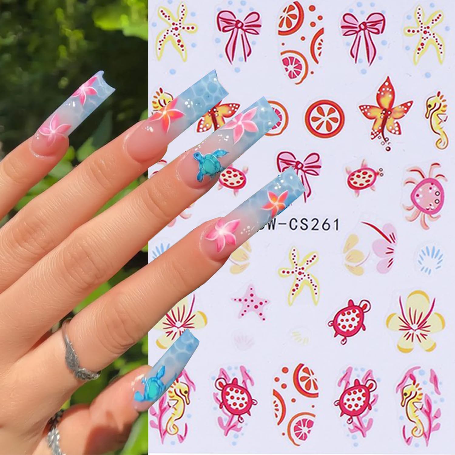 6 Sheets Ocean Style Nail Art Stickers 3D Self -Adhesive Starfish Sea Turtles Nail Decals Holographic Flower Bow Nail Stickers Summer Floral Seahorse Nail Decoration for Women Manicure Supplies-Velvo Beauty