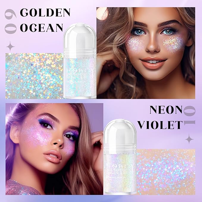 2 Colors Roll-on Body Glitter Gel, Holographic Glitter Gel Under Light for Face Hair, Body Shimmer for Rave Accessories Christmas New Year Halloween Makeup (9+10)-Velvo Beauty