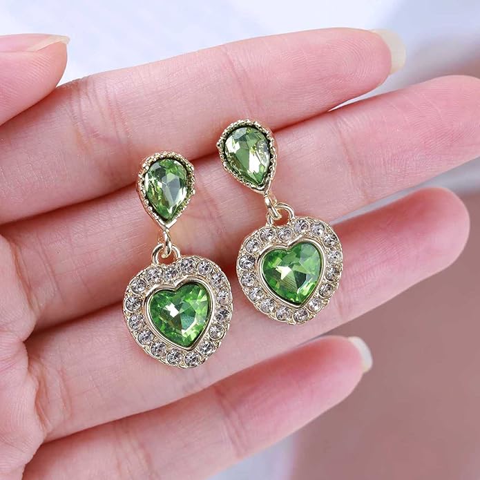 Vintage Emerald Heart Earrings Emerald Cz Teardrop Earrings Rhinestone Heart Drop Earrings Green Gemstone Stud Earrings Jewelry for Women(Green)-Velvo Beauty