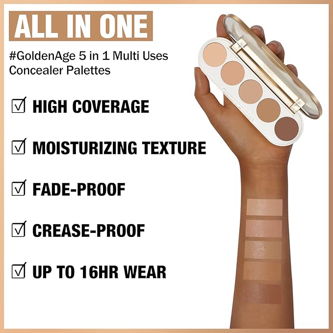 FOCALLURE #GoldenAge 5 in 1 Multi Uses Concealer Palette, 5 Colors Correcting Conceal Palette, Camouflage Contour Palettes for Dark Circles, Face Contouring Highlighter Pallet, NE02 MEDIUM-DEEP-Velvo Beauty