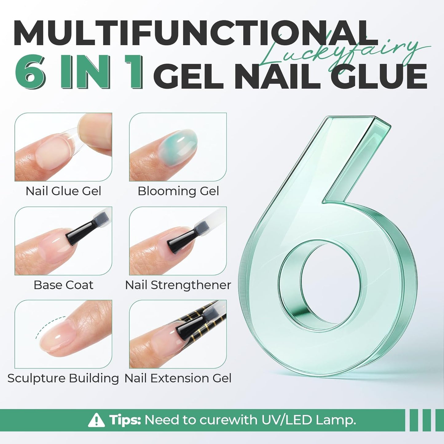Gel Nail Glue Super Strong: 15ml Nail Glue Gel 6 in 1 for Acrylic Nails Tips and Clear Press on Fake Nails Long Lasting, Salon Art Gift DIY at Home Need U V Light Cured-Velvo Beauty