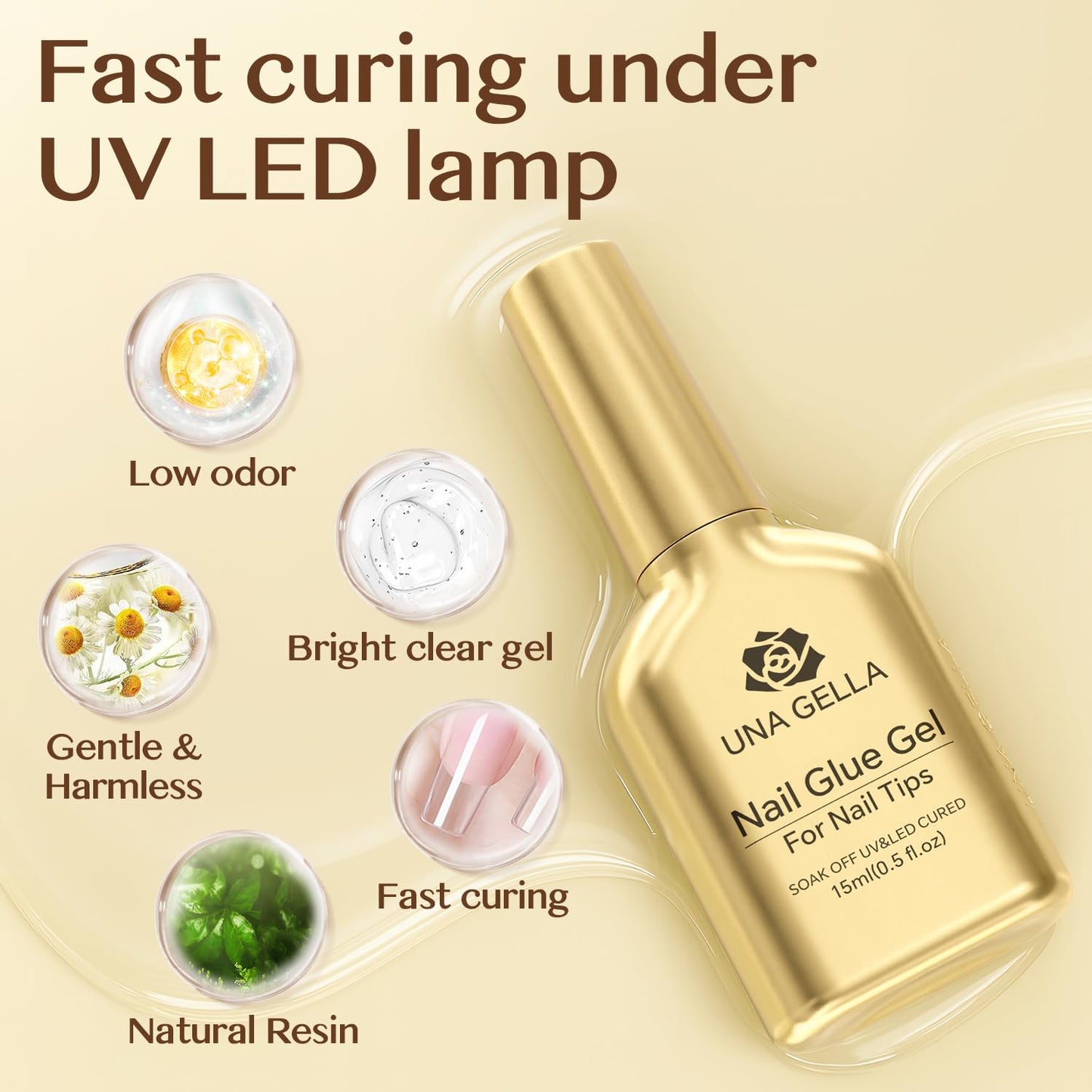 UNA GELLA 6 in 1 Gel Nail Glue for Clear Acrylic Nails Tips, 15ml UV Nail Glue Long Lasting Super Strong Brush for Base Coat, Clear Fake Nails, and Soft Gel Tips Lamp Curing Required-Velvo Beauty