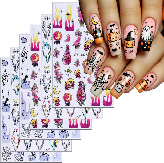 6 Sheets Halloween Nail Art Stickers 3D Self -Adhesive Cute Ghost Pumpkin Nail Decals Holographic Heart Spider Web Skeleton Flame Nail Stickers Halloween Nail Decoration for Women Manicure Supplies-Velvo Beauty