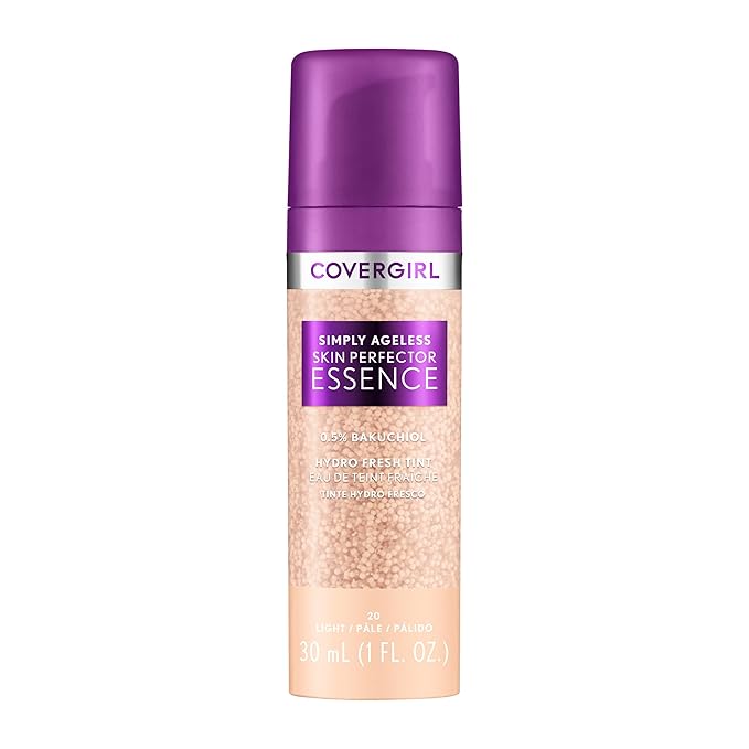 Covergirl Simply Ageless Skin Perfector Essence Foundation, 20 Light, Tinted Skin Perfector, Skincare Makeup Hybrid, Sheer Tint, Radiant Finish, Skin-Like Finish, Vegan Formula, 1.0oz-Velvo Beauty