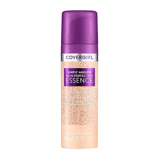 Covergirl Simply Ageless Skin Perfector Essence Foundation, 20 Light, Tinted Skin Perfector, Skincare Makeup Hybrid, Sheer Tint, Radiant Finish, Skin-Like Finish, Vegan Formula, 1.0oz-Velvo Beauty