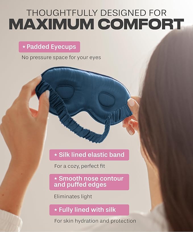 SUNDAYSILKS™ 3D Contoured Silk Sleep Mask | Padded Silk Eye Mask with Eye Cups for Lash Extensions | Blackout, Organic for Women & Men, Perfect for Travel, Slip-Free Deep Sleeping, Antifaz para Dormir-Velvo Beauty