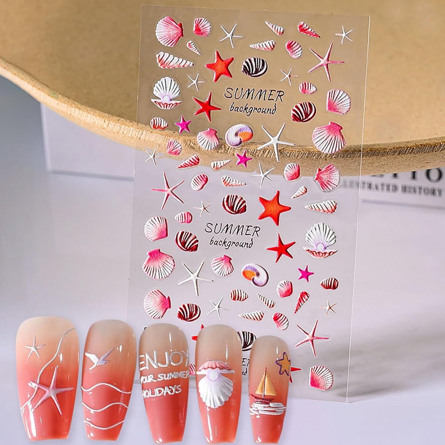 4 Sheets Summer Nail Stickers for Nail Art 5D Summer Nails Decals 3D Self-Adhesive Nails Supplies Accessories Shell Jellyfish Starfish Stickers for Women Nails Decoration-Velvo Beauty