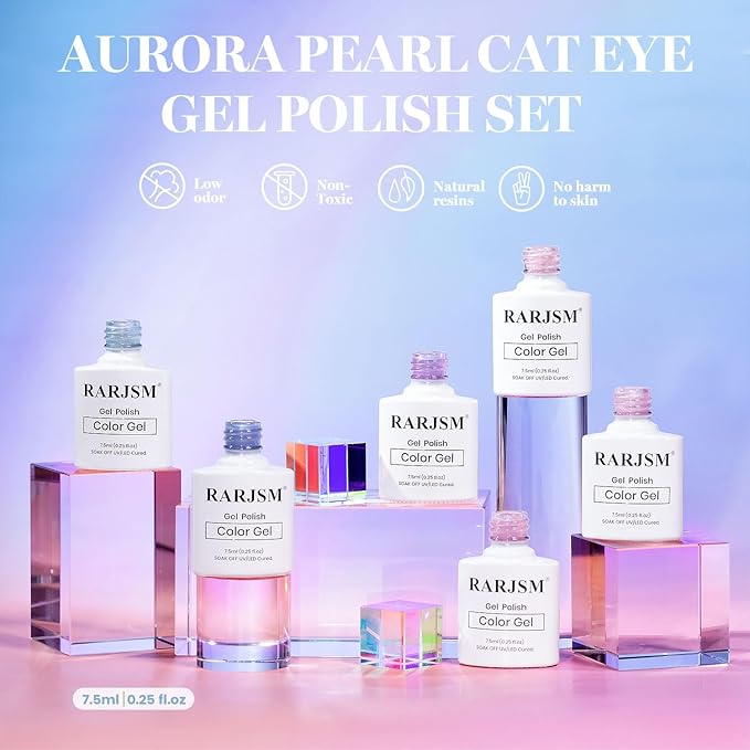 RARJSM Aurora Pearl Cat Eye Gel Nail Polish Set 6pcs Ceramic Silver Shimmer Universal Pink Green Blue Purple Orange Glitter Mermaid Swirl Shell Thread Effect with Magnet Stick Curing Requires-Velvo Beauty